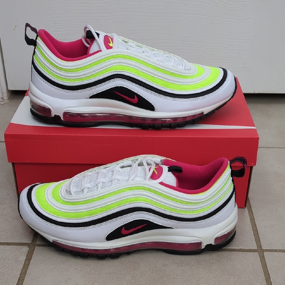 New! Nike Air Max 97, Men's White, Neon Green, & Fuchsia Running Sneakers